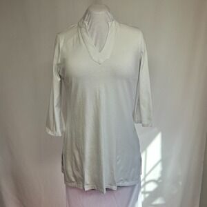 Distinct White V-Neck Tunic Top 3/4 Sleeve Stretch Cotton Medium